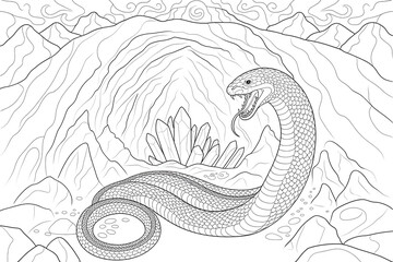 A large snake in a cave, surrounded by crystals.
