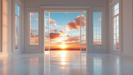 Bright room with open doors revealing stunning sunset