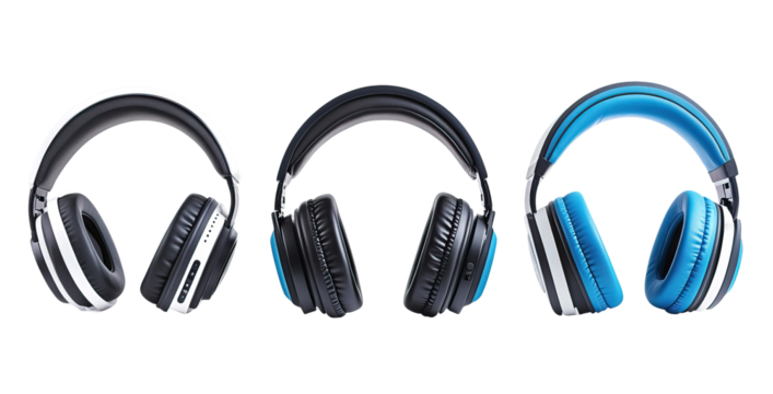 High-quality gaming headsets with microphones in black, blue, and white colors