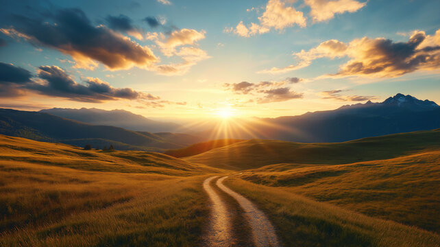 Beautiful sunset over rolling hills with winding path