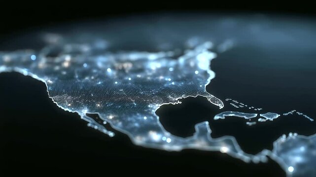 Futuristic Glowing Map of the Americas with LED City Nodes_