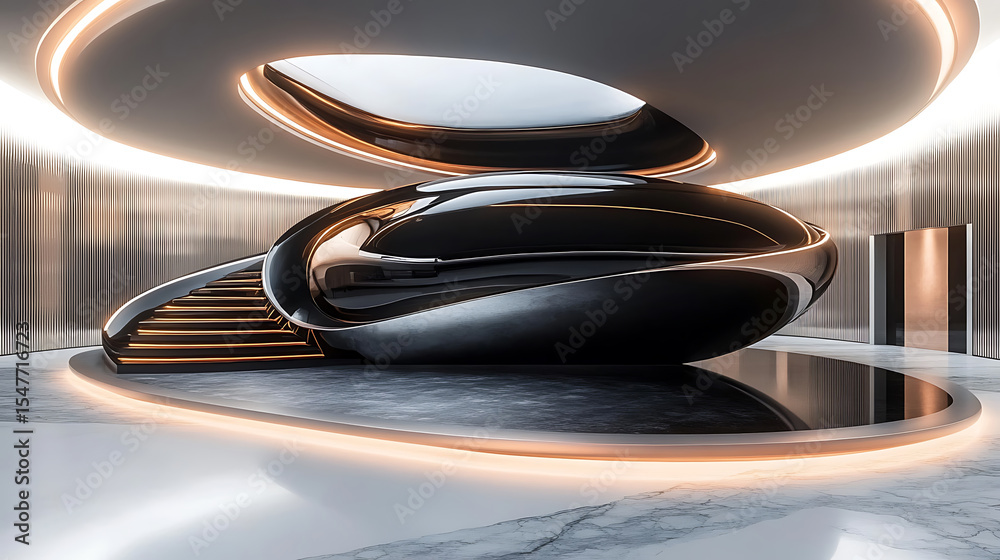 Fototapete futuristic architecture interior design with dynamic curved staircase reflecting polished surfaces a