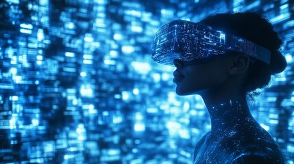 Woman wearing VR headset in digital city