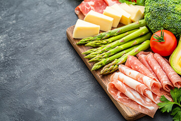 An appetizing charcuterie board features cured meats, cheese, fresh vegetables, and asparagus spears.