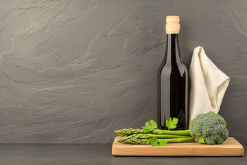 Dark bottle with asparagus and broccoli on wooden board against textured gray background indoors.