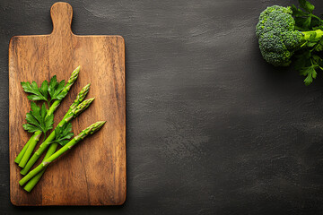 Fresh green asparagus spears and parsley sit atop a wooden cutting board on dark background.