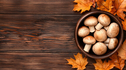 A rustic wooden bowl is filled with fresh mushrooms and surrounded by autumn leaves on wood planks.
