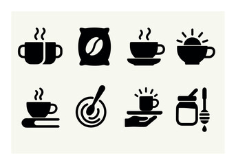 Fototapeta premium Coffee shop solid icon set. cafe, beverage, breakfast, barista, mug, caffeine icons
