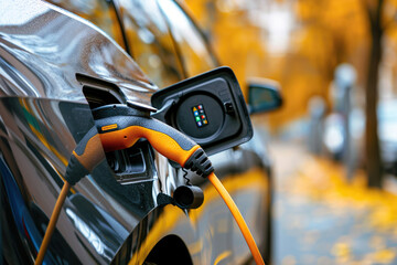 Power source for charging battery of beautiful hybrid electric car on road, abstract vivid composition consists of fictional unreal fantastic vision on background