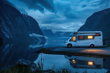 Holiday trip on large family motorhome for holiday in beautiful natural nature, abstract vivid composition consists of fictional unreal fantastic vision on background