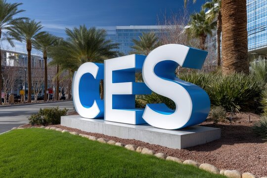 Large CES sign in white and blue stands outdoors against palm trees and buildings on grass with rock border