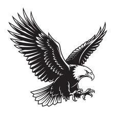 Fototapeta premium Powerful eagle with wide spread wings gliding down aggressively. Bold black and white vector symbolizing freedom and strength. Birds.