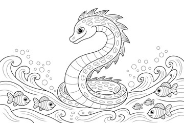 Obraz premium Friendly sea serpent floats amidst waves and fish. 