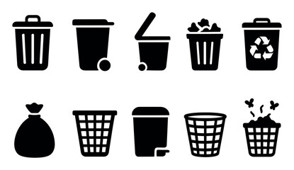 Waste management silhouette icon set: trash, recycling bins, garbage disposal icons