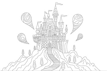 Whimsical castle atop a hill, surrounded by fantastical elements.
