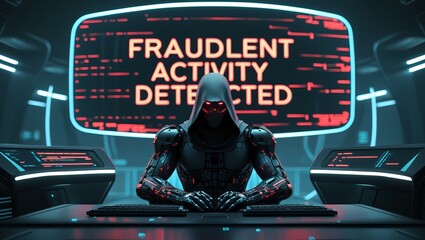 A humanoid robot with a hood sits at a control console, surrounded by high-tech screens displaying 'FRAUDULENT ACTIVITY DETECTED.'