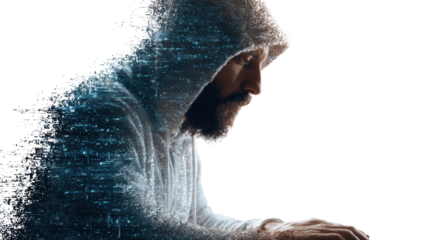 A digital concept of a man working on a laptop, blending human form with a technological aura.