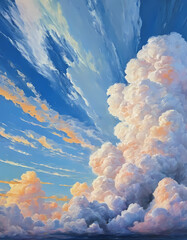 Wisps of dramatic clouds stretch across the evening sky, illuminated by warm hues of sunset. The vibrant display contrasts against the tranquil blues, creating a serene atmosphere Generative AI