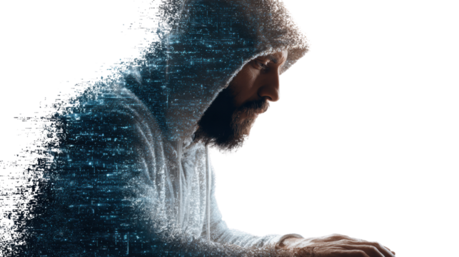 A digital concept of a man working on a laptop, blending human form with a technological aura.