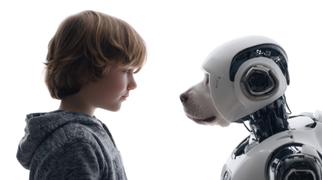 A child interacts with a robotic dog, showcasing friendship and technology.