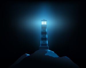 Lighthouse on the rocks illuminates the darkness. Vector illustration