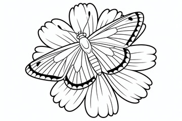 Butterfly rests on a flower, intricate line art.

