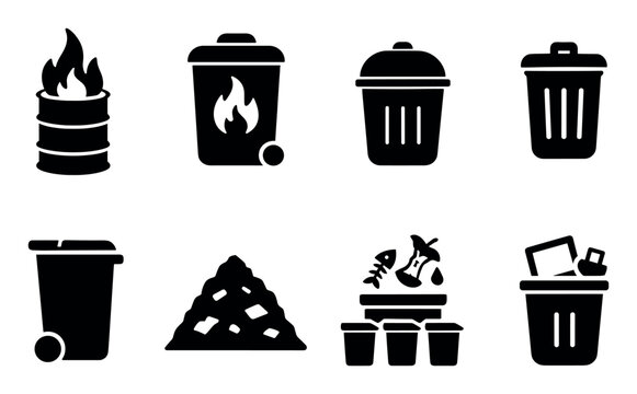 Waste management solid icon set. trash, recycling, garbage, bin, refuse icons collection