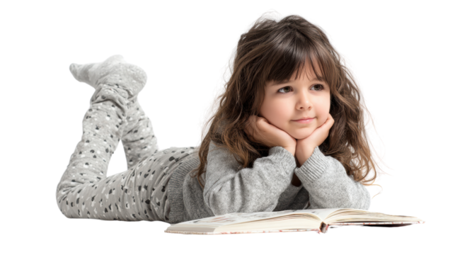 A thoughtful girl lying on her stomach, resting her chin on her hands, with an open book in front of her.