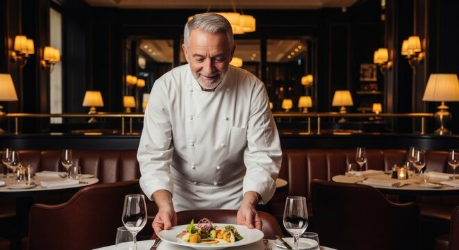 Chef serving gourmet salad dish in luxury restaurant fine dining experience culinary arts presentation - Powered by Adobe
