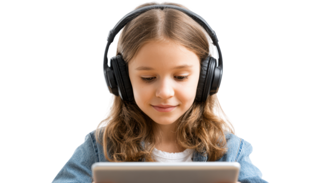 A young girl with headphones enjoying her tablet, isolated on a white background.