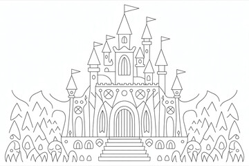 A majestic castle stands amidst a mountainous landscape.
