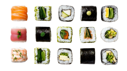 Assorted sushi rolls arranged neatly on a white background.