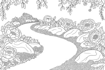 Meandering path lined with flowers and rocks. Peaceful, serene scene.
