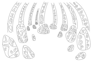 Falling stones, etched with symbols, represent a chaotic collapse.
