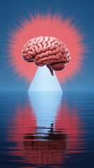 Brain above a triangle, bathed in light, reflecting on water.
