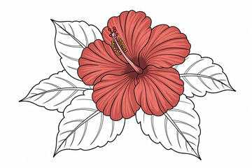 Detailed hibiscus flower with vibrant red petals and outlined leaves.
