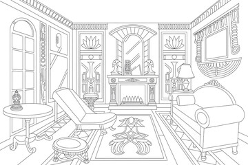 Ornate drawing room interior, Egyptian-style decor.
