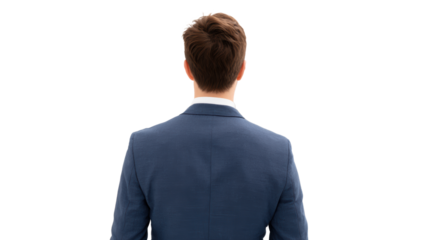 Businessman in a suit, viewed from the back, isolated on a white background.