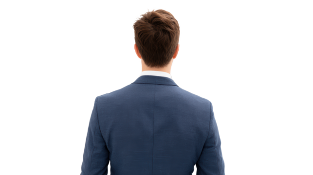 Businessman in a suit, viewed from the back, isolated on a white background.