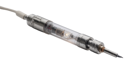 Close-up of a clear, intricate electronic component on a white isolate background.