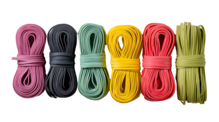 Colorful elastic bands arranged neatly on white background.