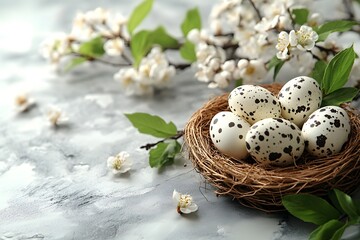 Fototapeta premium Springtime Nest with Quail Eggs and Blossoms for Easter Decor and Themes