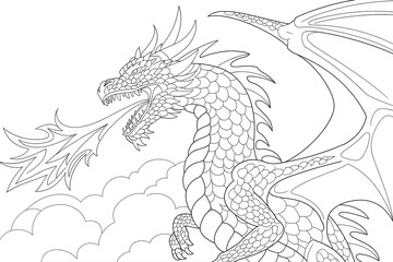 Dragon spewing fire, powerful and majestic.
