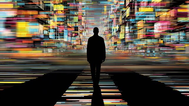the overwhelming sensory input of a bustling city, visualized as a chaotic storm of abstract shapes, sounds, and colors flooding into a human silhouette, representing sensory overload
