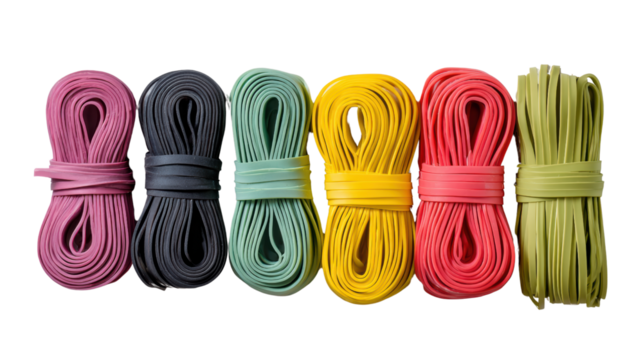 Colorful elastic bands arranged neatly on white background.