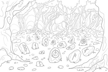Ancient forest clearing, stones etched with runes. Mystical, hidden place.