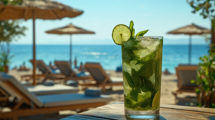 A refreshing mojito cocktail with mint lime, placed wooden table, sun loungers umbrellas in the background,overlooking serene sea beach,creating tropicalrelaxing atmosphere.banner,copy space,mockup