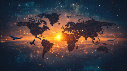 airplane models flying over textured world map on blue background, symbolizing global travel, aviation routes, tourism planning and international connectivity. Banner with copy space