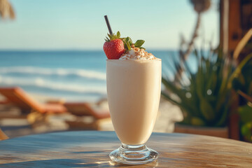 A beautiful glass of fruit creamy milkshake cocktail with a straw, elegantly placed wooden table overlooking a serene beach, offering perfect blend of refreshment scenic ocean view.copy space.Banner