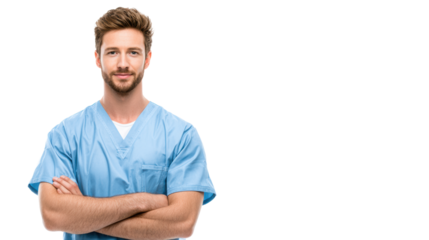 Confident male healthcare professional in scrubs, smiling, with arms crossed, isolated on white background.